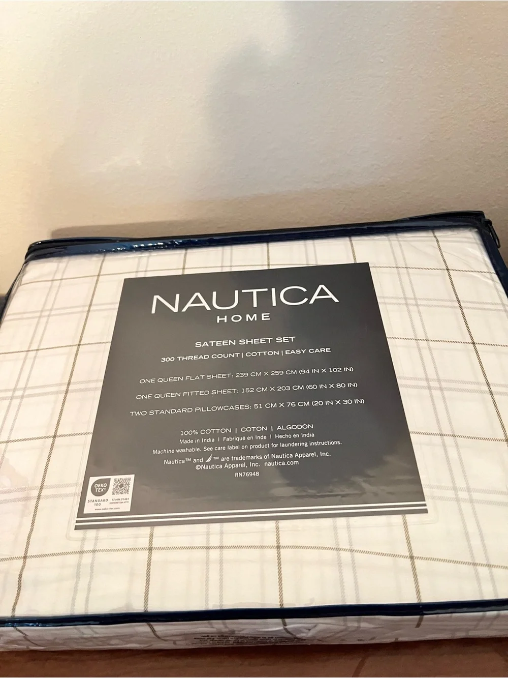 Nautica Brown & Grey Plaid 100% Cotton Sateen 300 Thread Count QUEEN Sheet Set